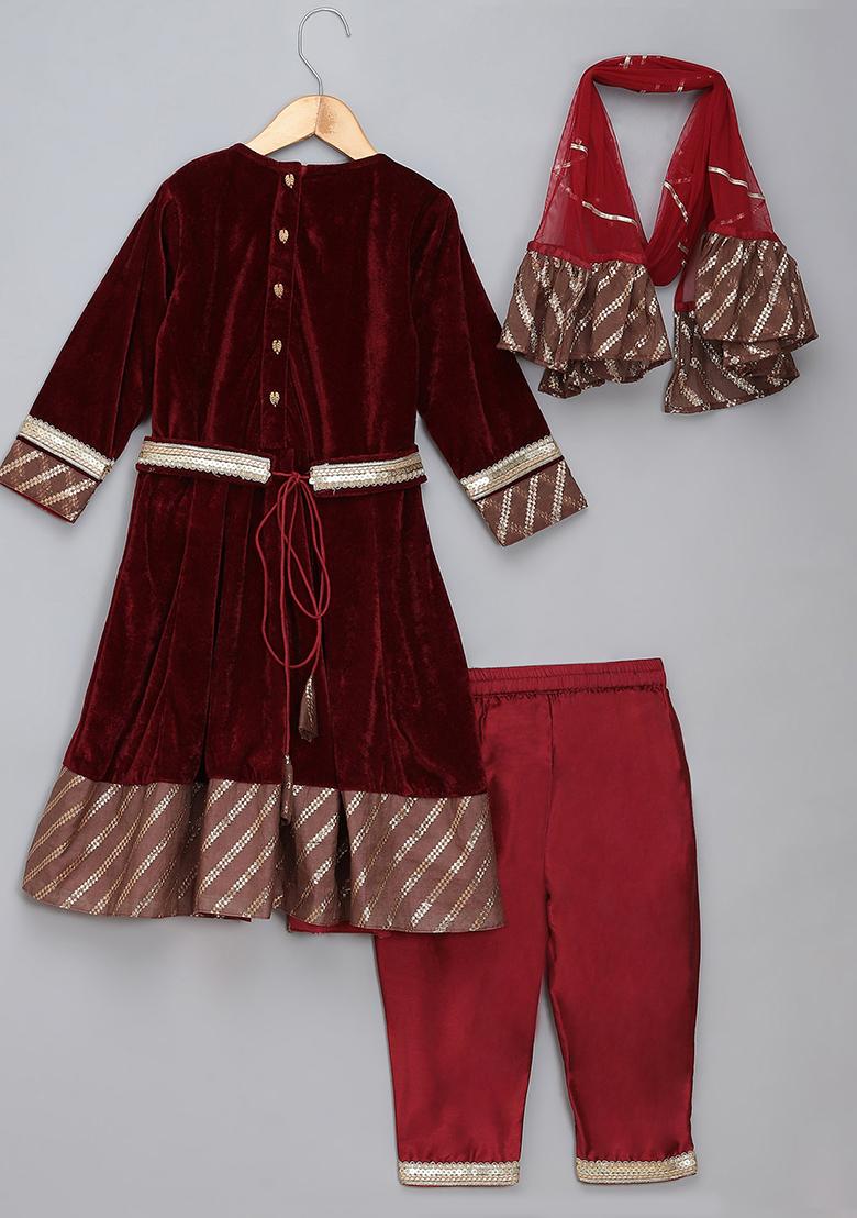 Maroon Embroidered Velvet Anarkali For Girls