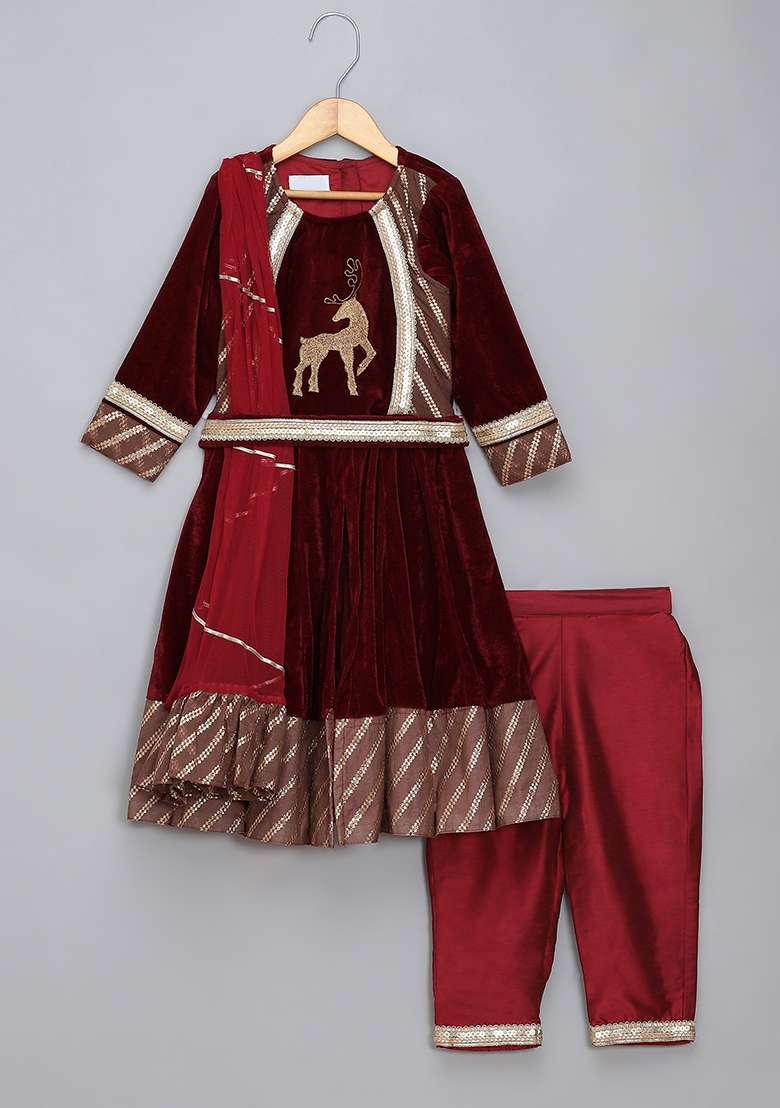 Maroon Embroidered Velvet Anarkali For Girls - Indya