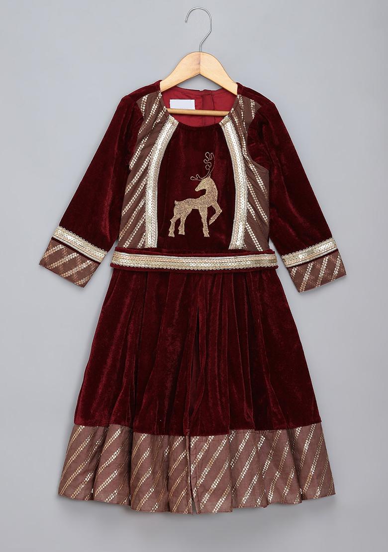 Maroon Embroidered Velvet Anarkali For Girls