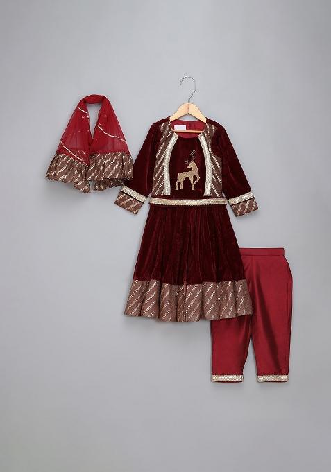 Maroon Embroidered Velvet Anarkali For Girls