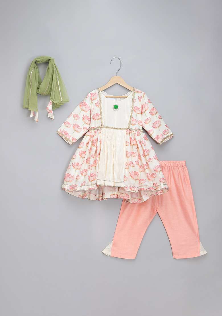 Offwhite Printed Cotton Silk Kurta Set For Girls - Indya