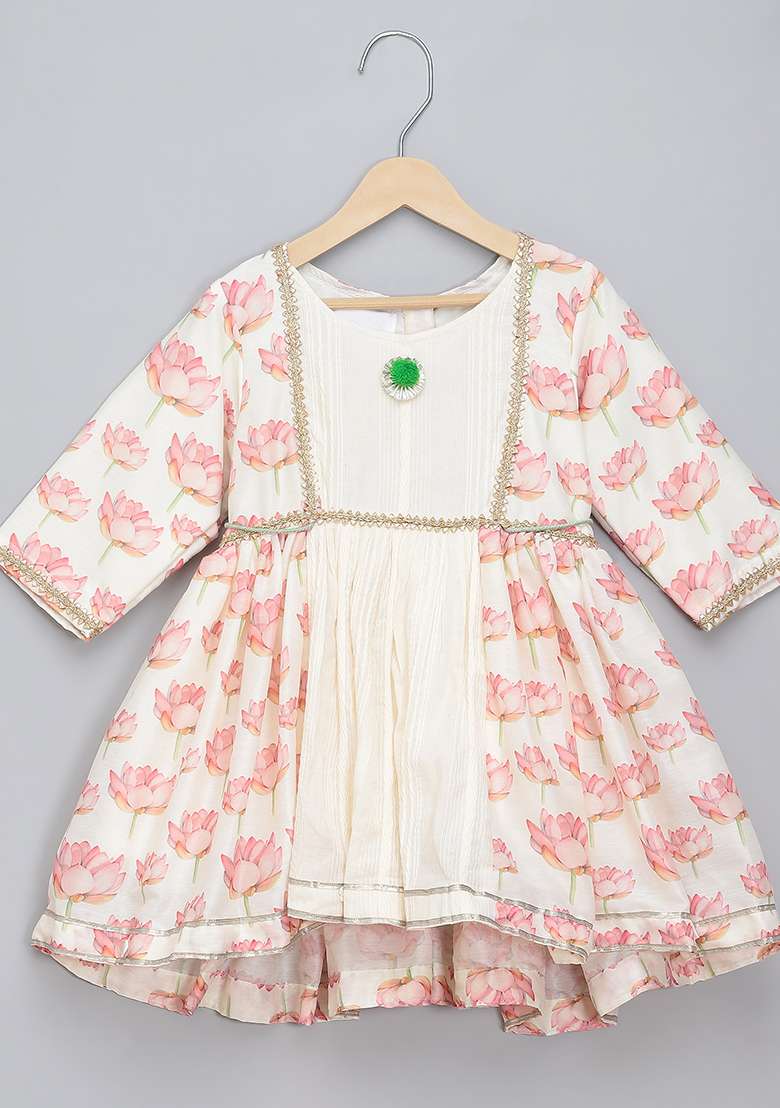 Offwhite Printed Cotton Silk Kurta Set For Girls - Indya