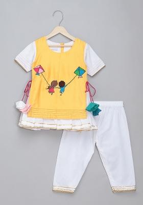 Yellow Embroidered Cotton Kurta Set For Girls