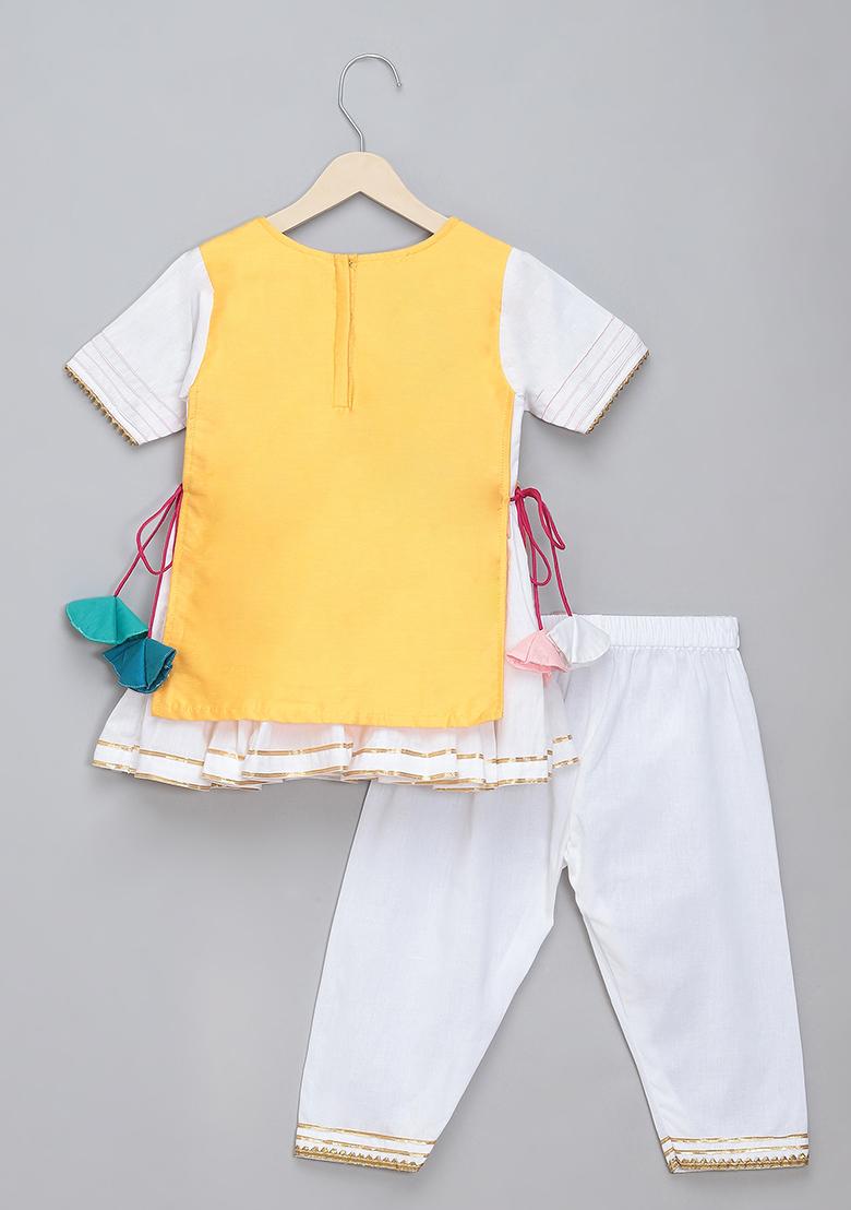 Yellow Embroidered Cotton Kurta Set For Girls