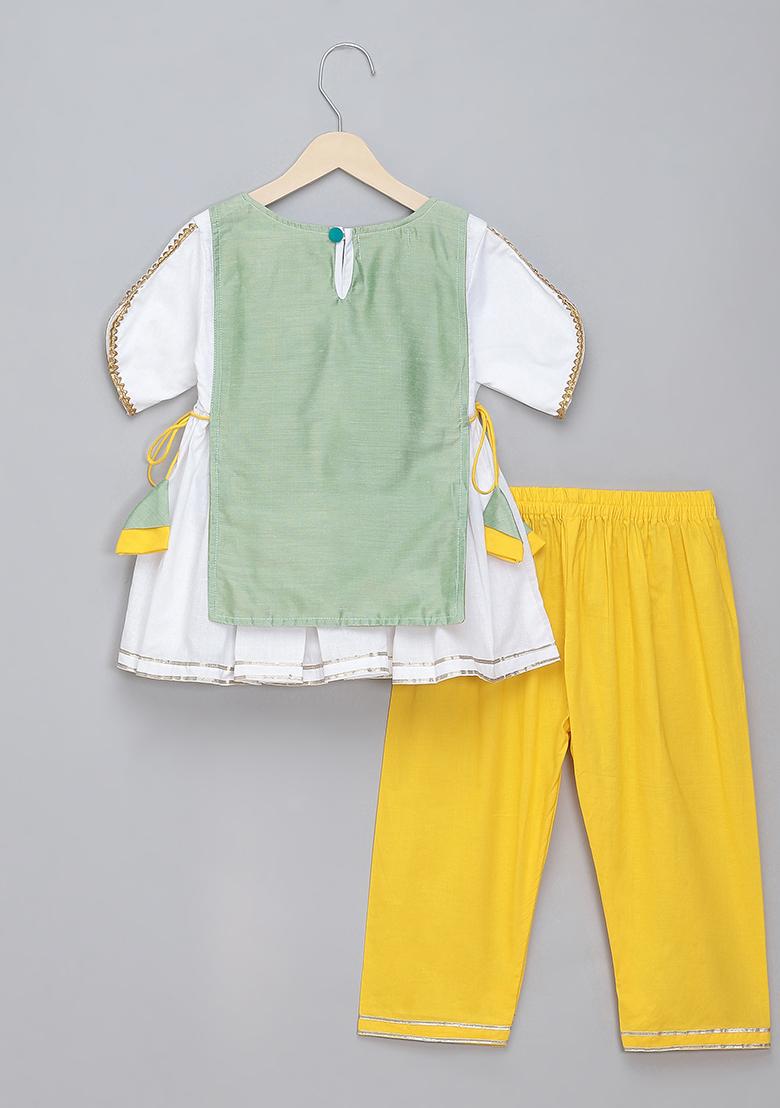 Green Embroidered Cotton Kurta Set For Girls