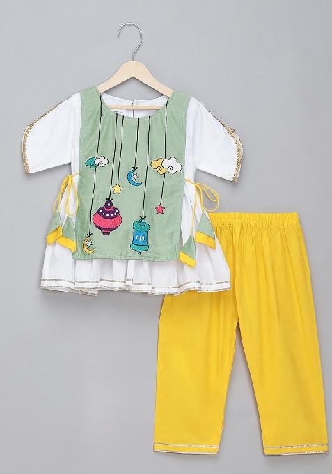 Green Embroidered Cotton Kurta Set For Girls