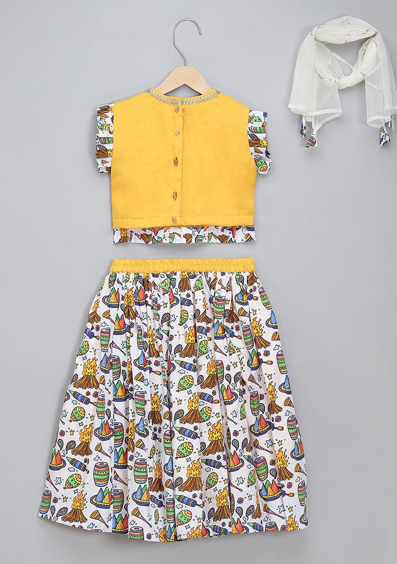 Yelloe Printed Cotton Kurta Set For Girls