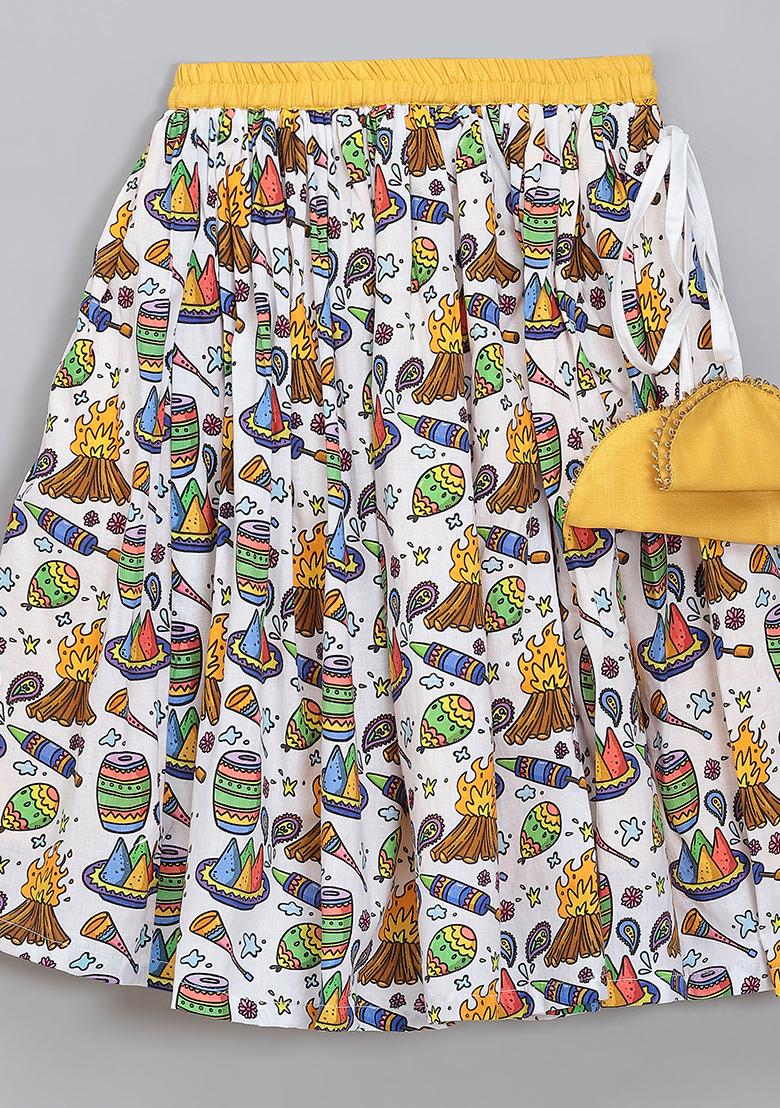 Yelloe Printed Cotton Kurta Set For Girls