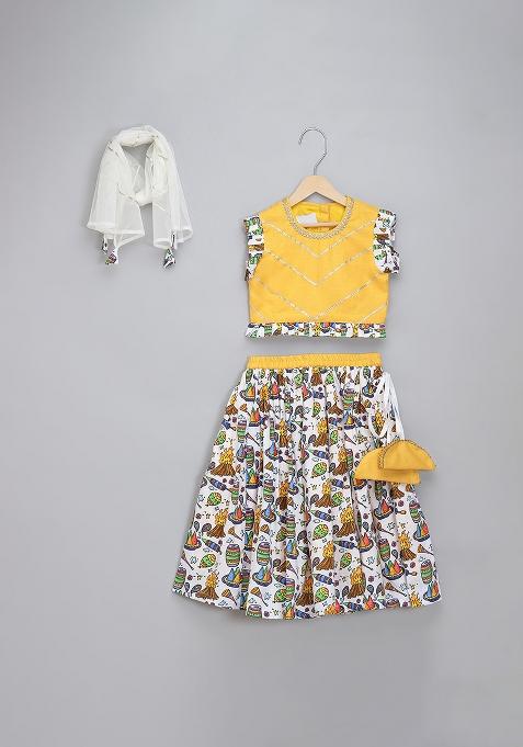 Yelloe Printed Cotton Kurta Set For Girls