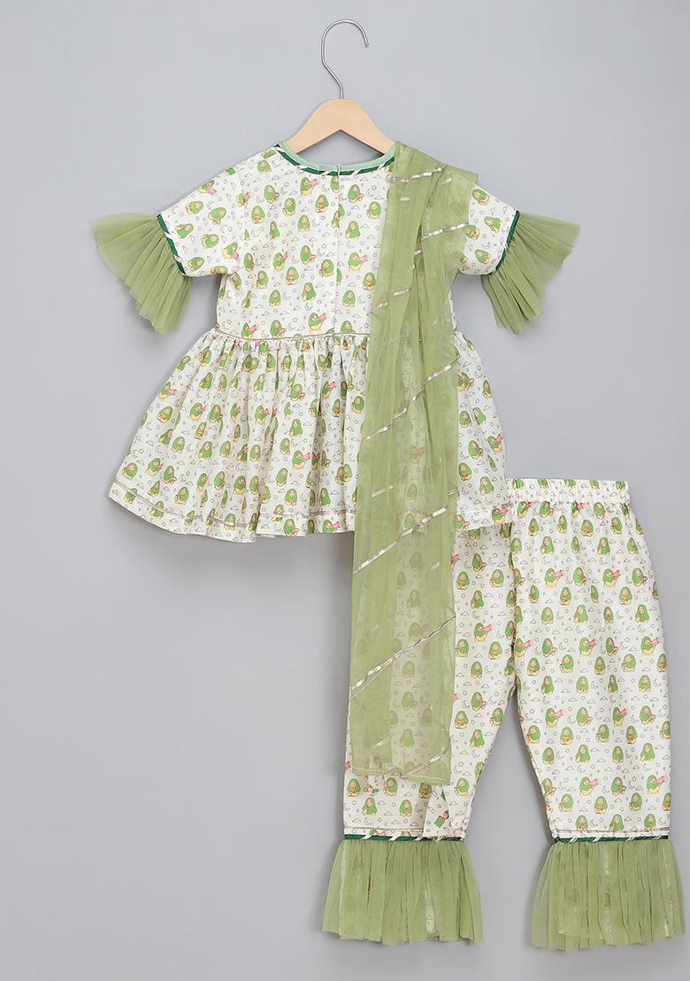 Green Printed Net Kurta Set For Girls