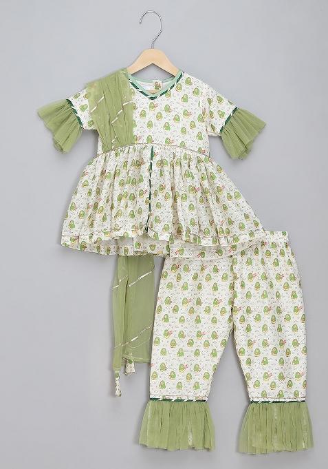 Green Printed Net Kurta Set For Girls