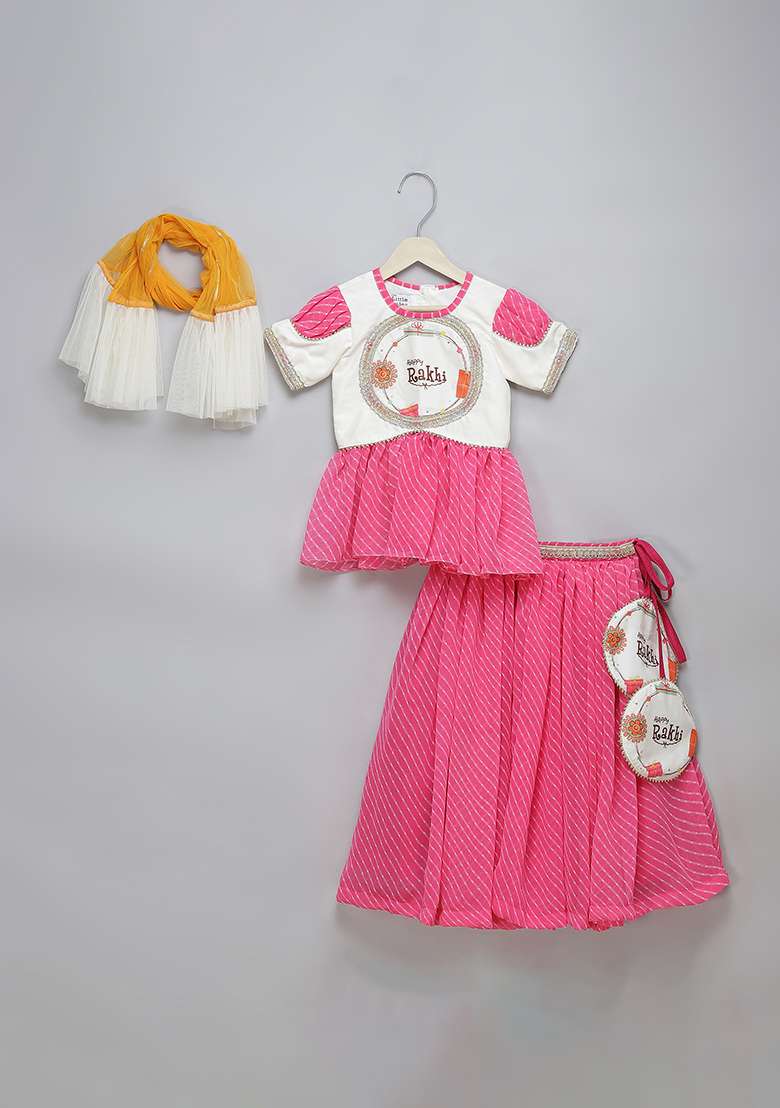 Pink Printed Georgette Kurta Set For Girls - Indya