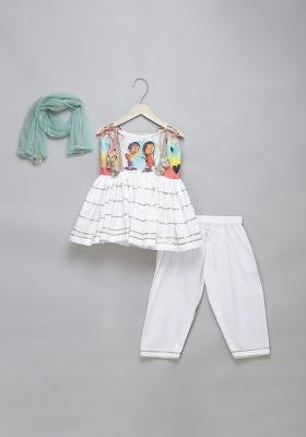 White Printed Cotton Kurta Set For Girls