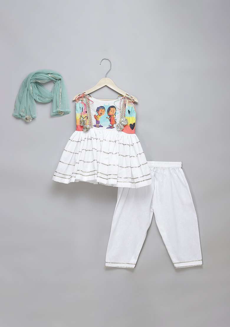 White Printed Cotton Kurta Set For Girls - Indya