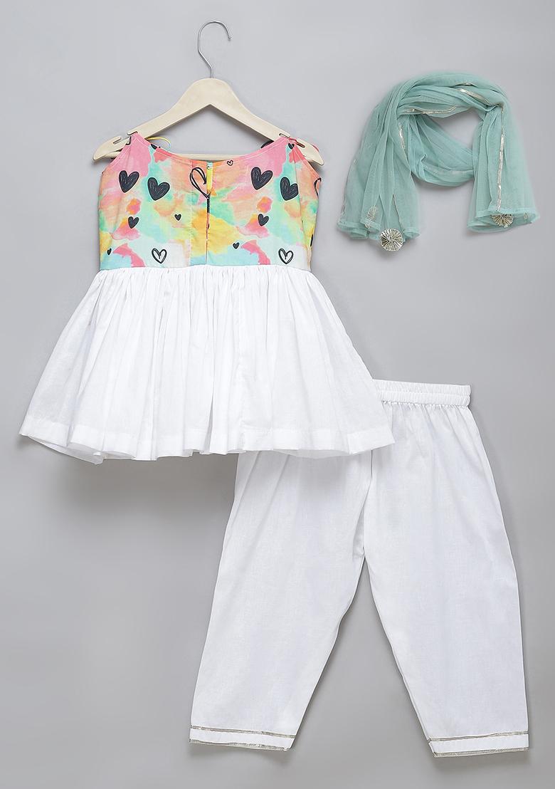 White Printed Cotton Kurta Set For Girls