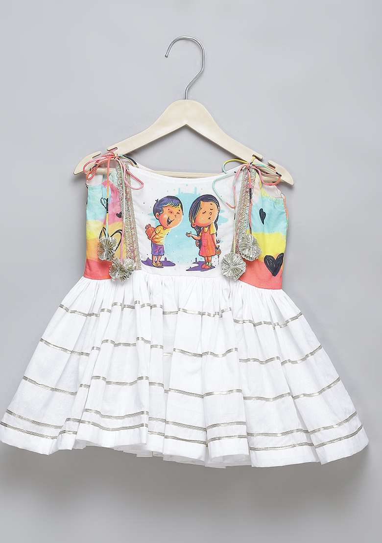 White Printed Cotton Kurta Set For Girls - Indya