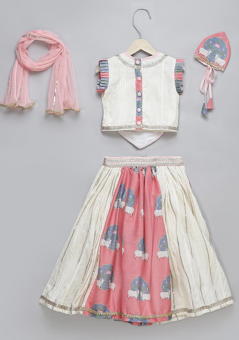 Pink Printed Cotton Kurta Set For Girls