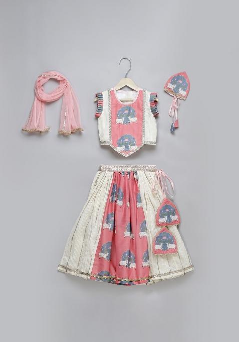 Pink Printed Cotton Kurta Set For Girls