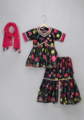 Black Printed Cotton Silk Sharara Set For Girls