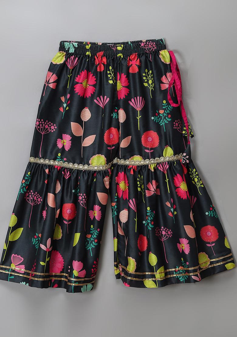 Black Printed Cotton Silk Sharara Set For Girls