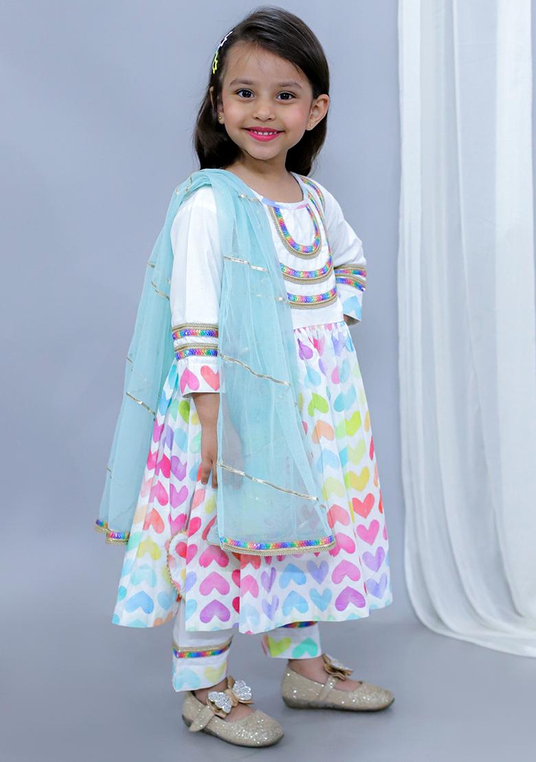 Multi Color Printed Cotton Kurta Set For Girls