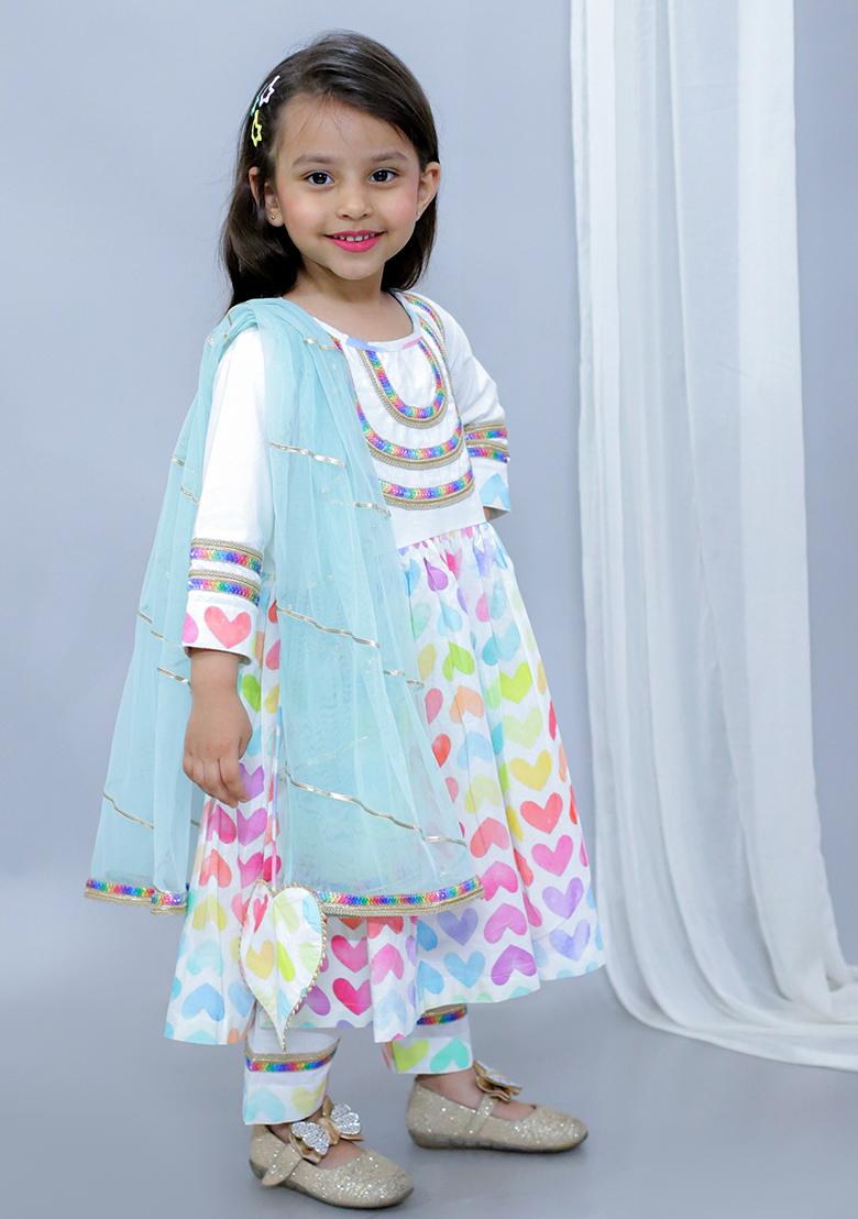 Multi Color Printed Cotton Kurta Set For Girls