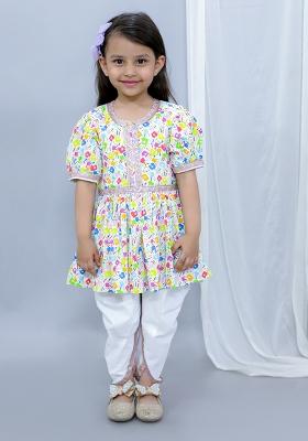 Multi Color Printed Cotton Kurta Set For Girls