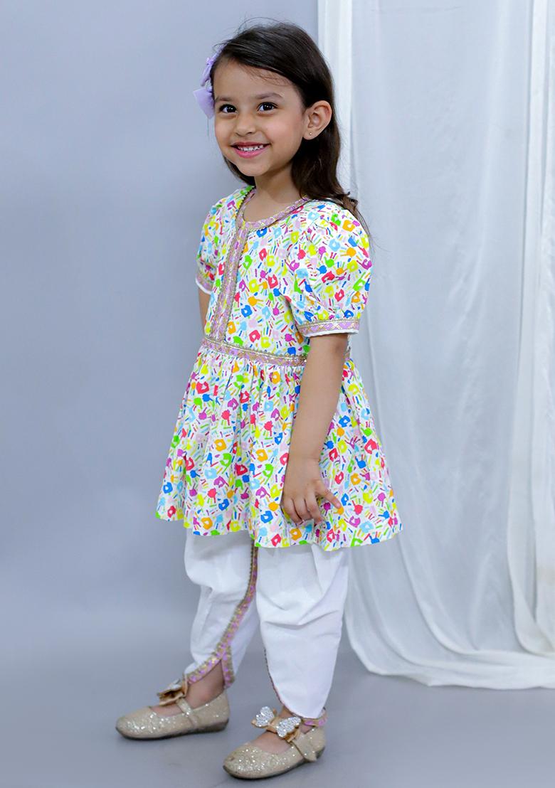 Multi Color Printed Cotton Kurta Set For Girls