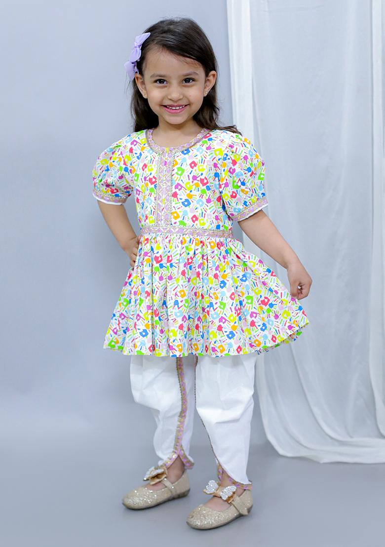 Multi Color Printed Cotton Kurta Set For Girls