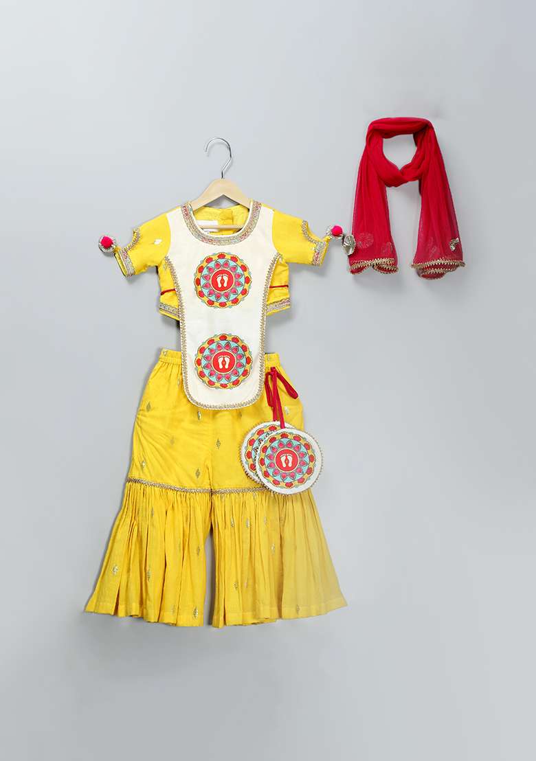 Yellow Embroidered Net Sharara Set For Girls - Indya
