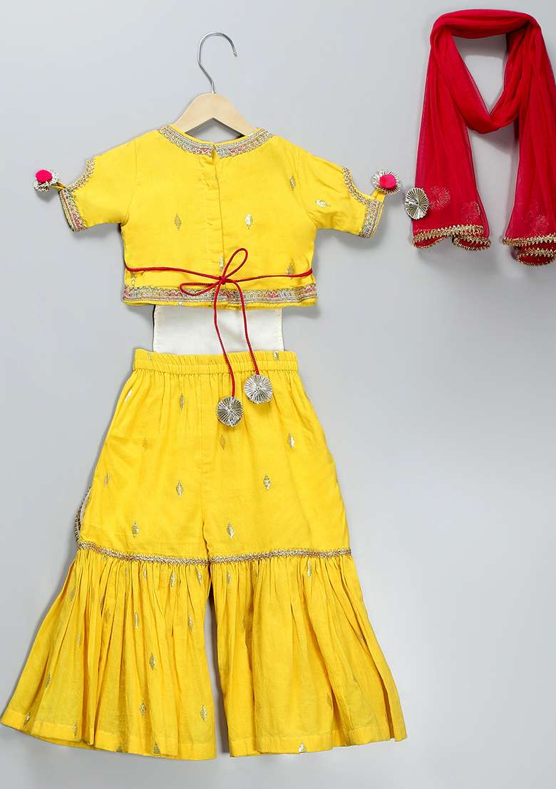 Yellow Embroidered Net Sharara Set For Girls - Indya
