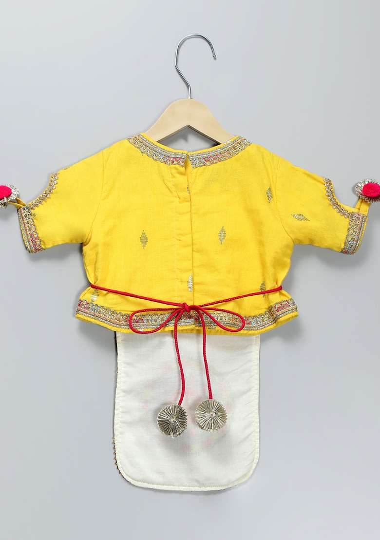 Yellow Embroidered Net Sharara Set For Girls - Indya
