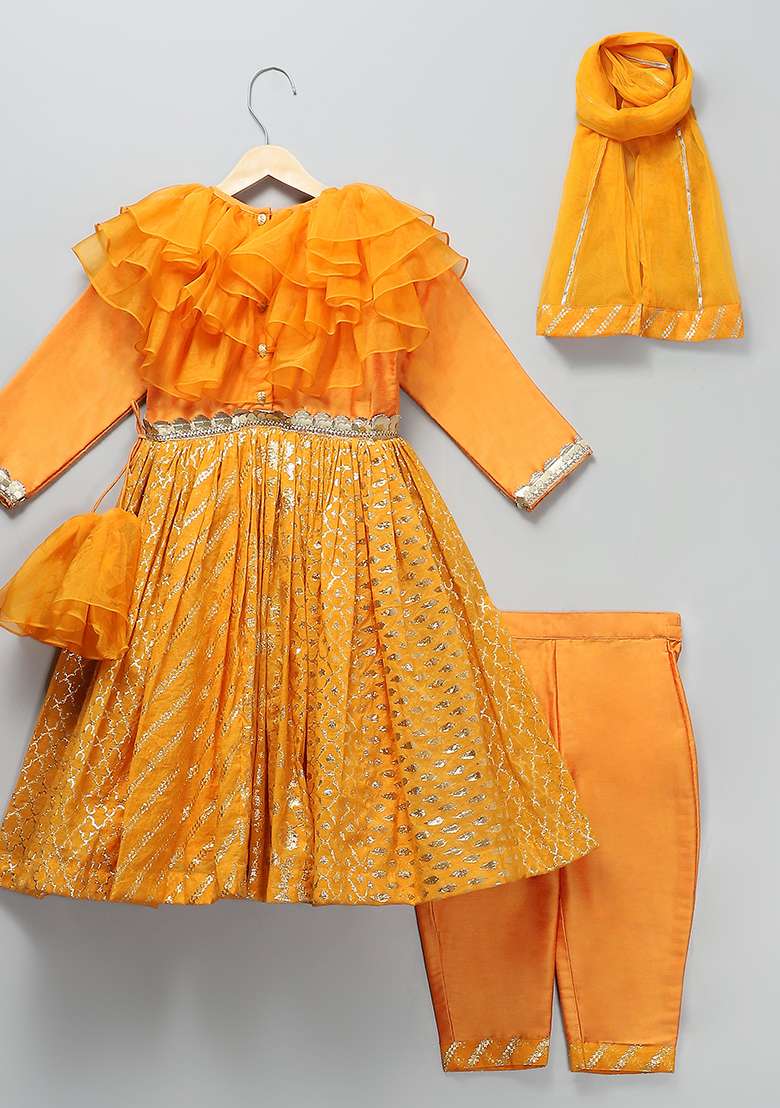 Orange Embroidered Organza Anarkali For Girls - Indya