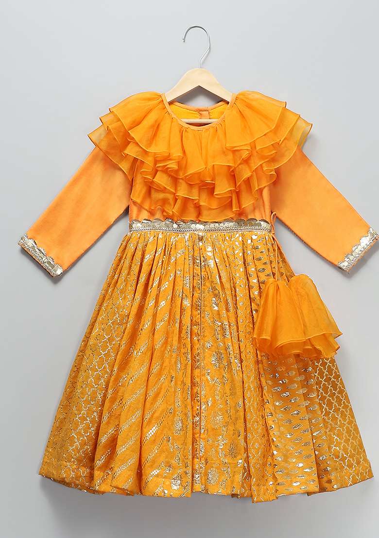 Orange Embroidered Organza Anarkali For Girls - Indya