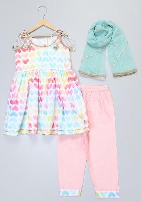Multicolor Printed Cotton Silk Kurta Set For Girls