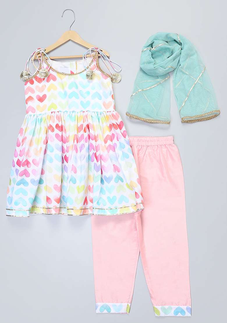 Multicolor Printed Cotton Silk Kurta Set For Girls - Indya