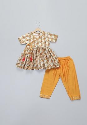 Orange Printed Cotton Silk Kurta Set For Girls