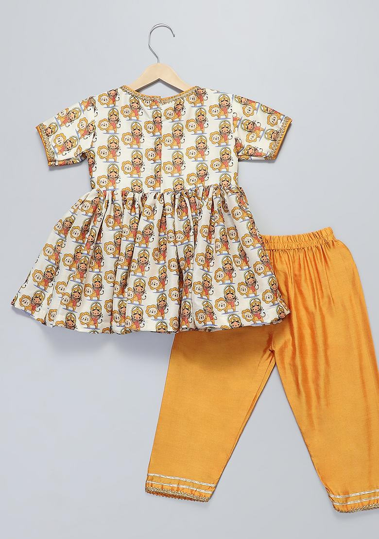 Orange Printed Cotton Silk Kurta Set For Girls