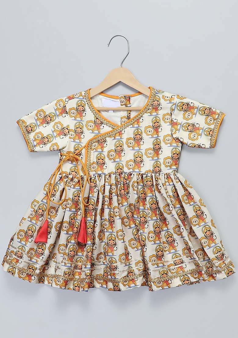 Orange Printed Cotton Silk Kurta Set For Girls - Indya