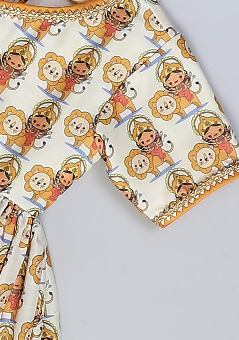 Orange Printed Cotton Silk Kurta Set For Girls