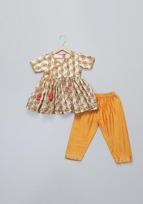 Orange Printed Cotton Silk Kurta Set For Girls