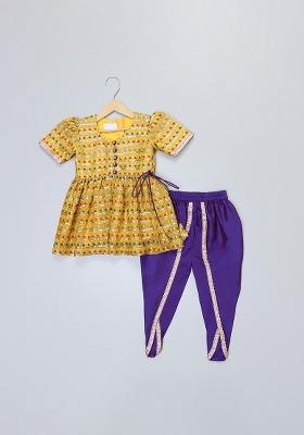 Yellow Embroidered Silk Kurta Set For Girls