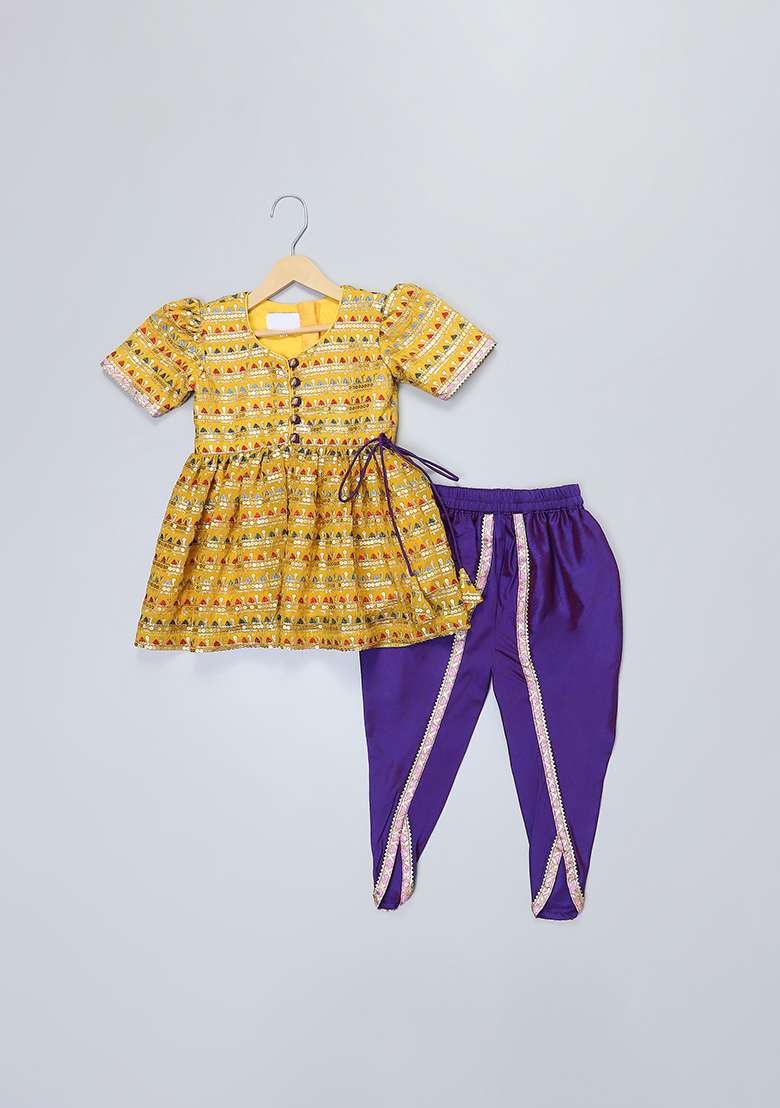 Yellow Embroidered Silk Kurta Set For Girls - Indya