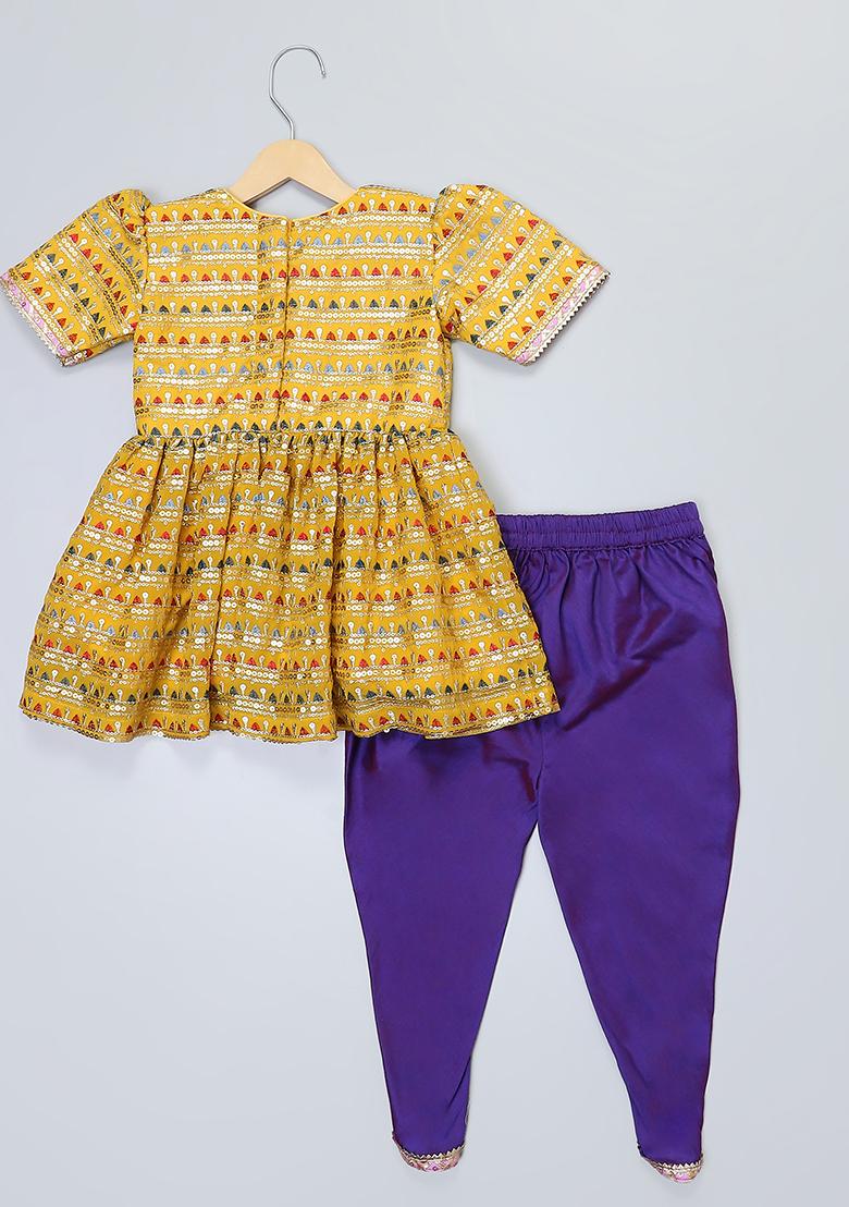 Yellow Embroidered Silk Kurta Set For Girls