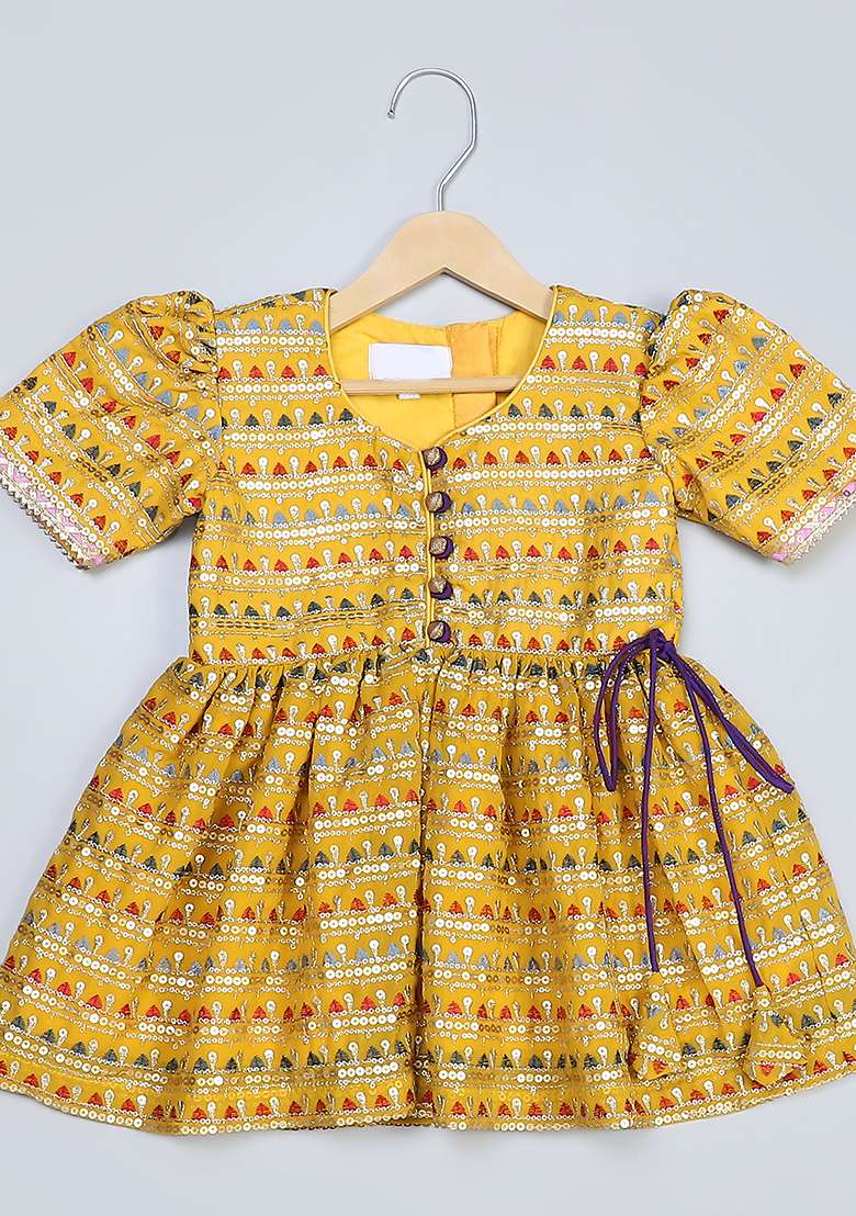 Yellow Embroidered Silk Kurta Set For Girls - Indya