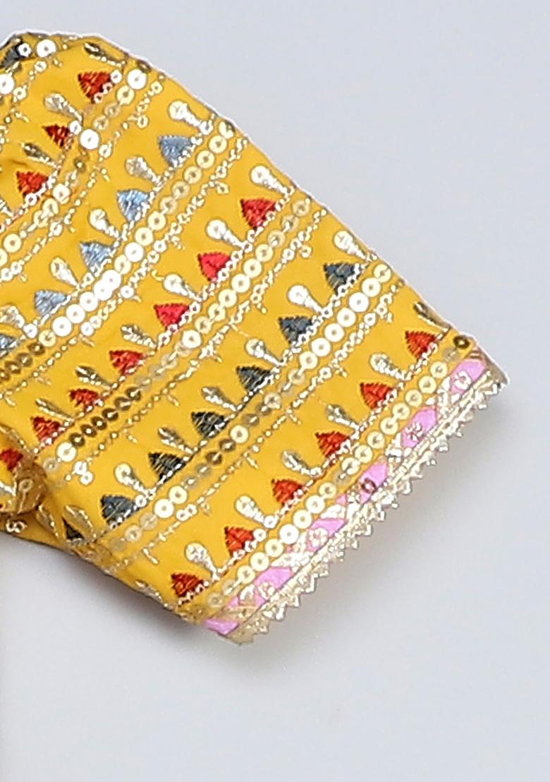 Yellow Embroidered Silk Kurta Set For Girls