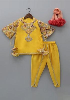 Mustard Embroidered Cotton Silk Kurta Set For Girls