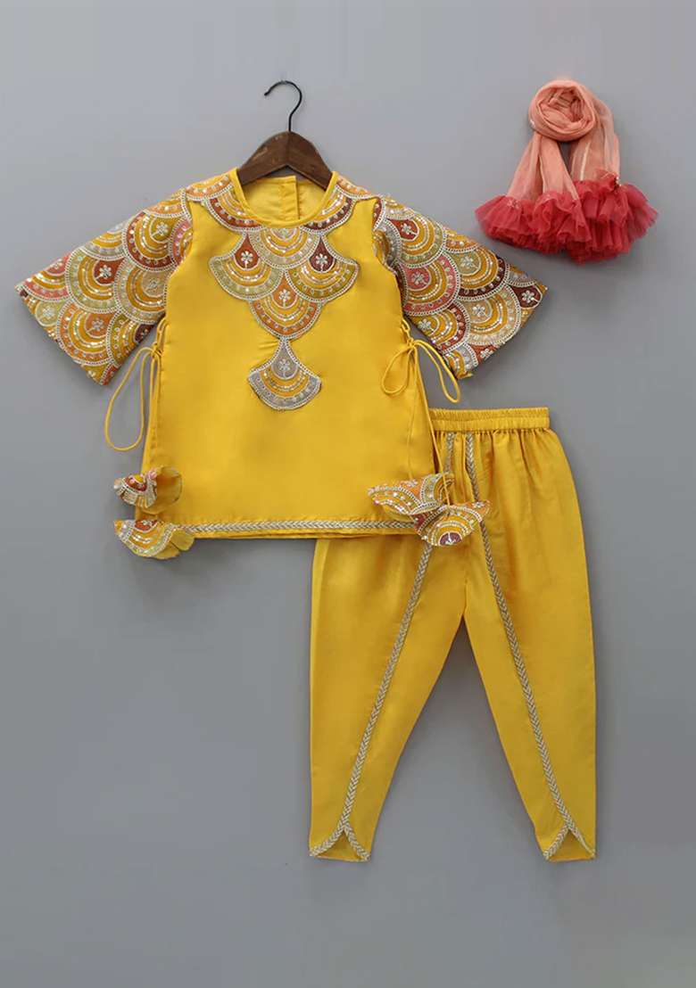 Mustard Embroidered Cotton Silk Kurta Set For Girls - Indya
