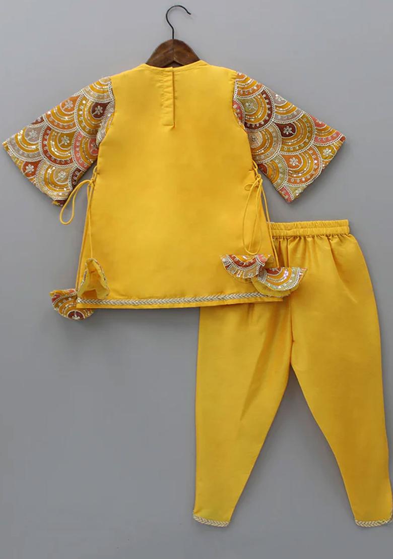 Mustard Embroidered Cotton Silk Kurta Set For Girls