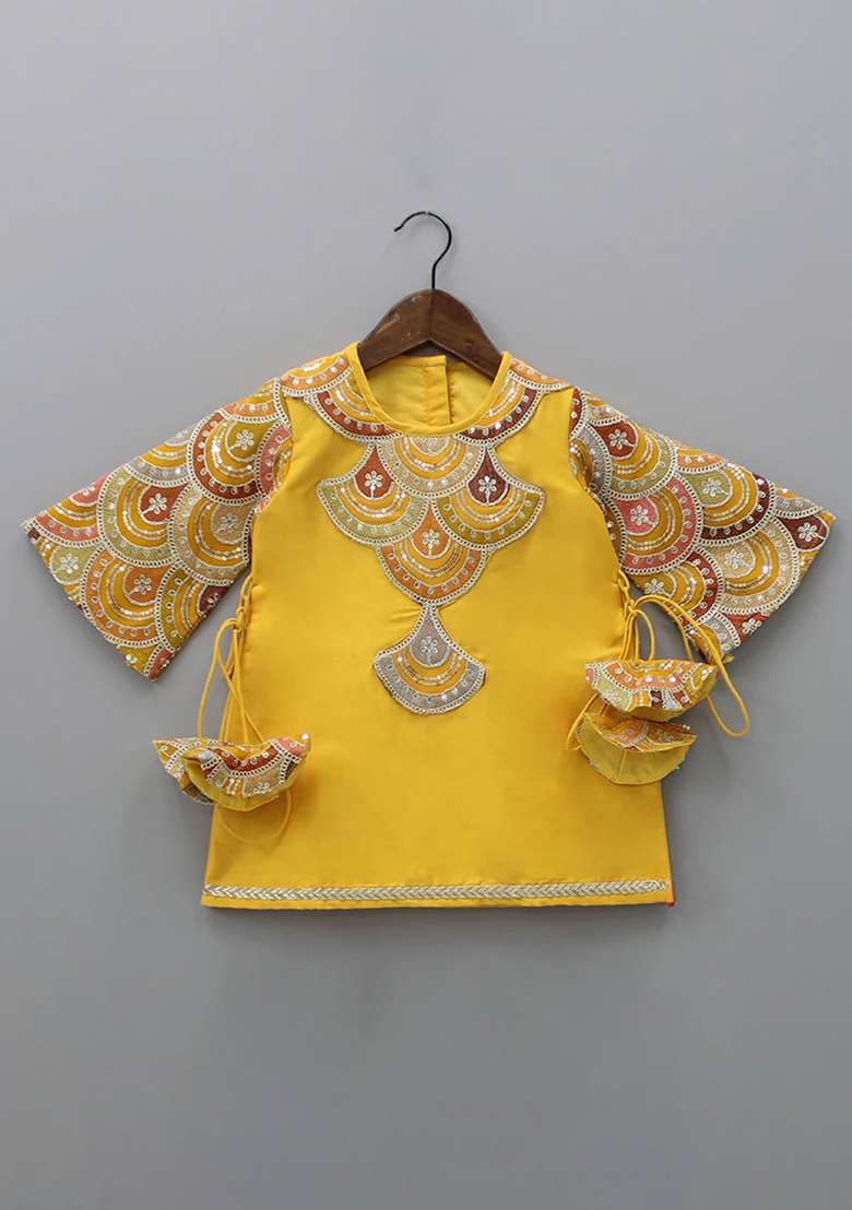 Mustard Embroidered Cotton Silk Kurta Set For Girls - Indya